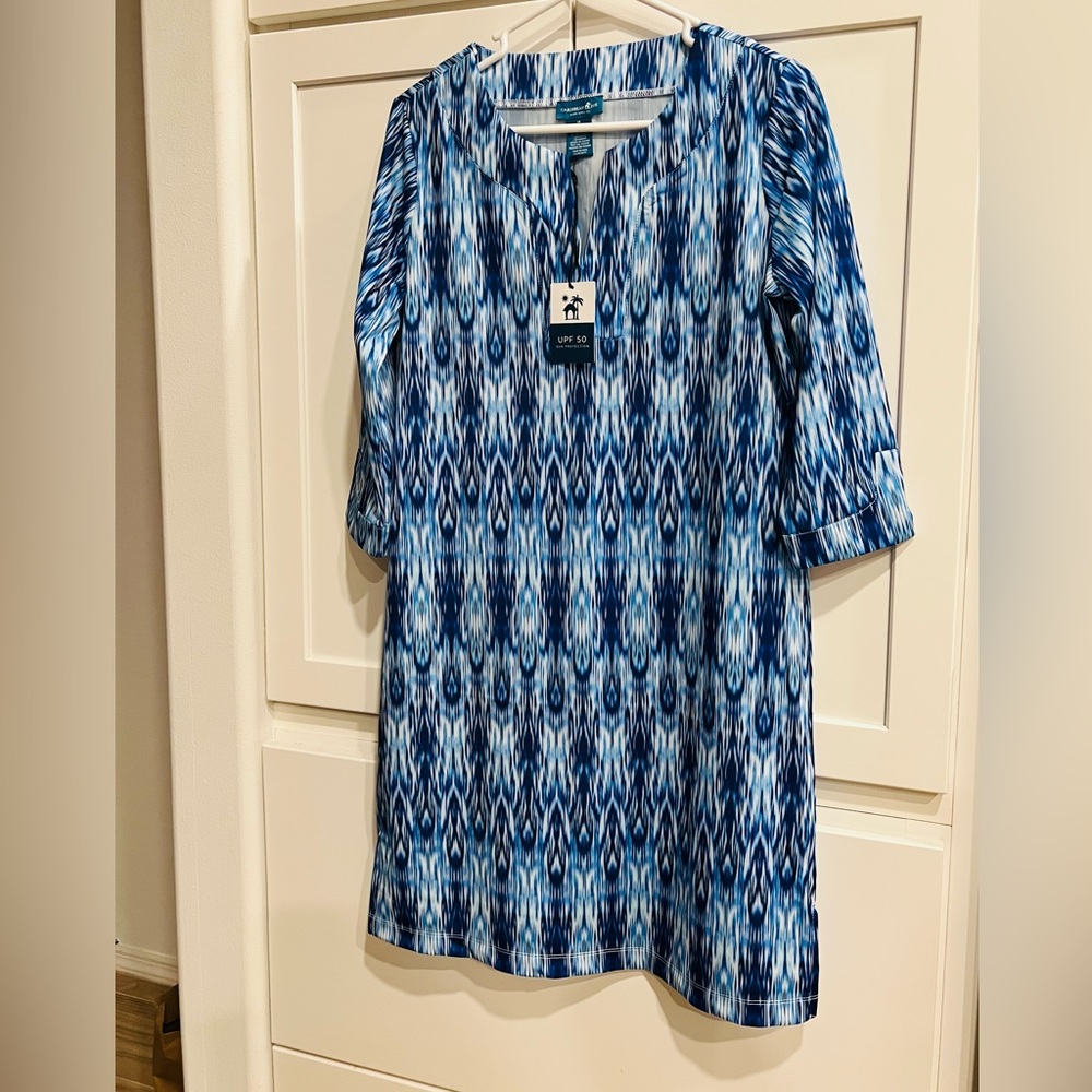 NWT Carribean Joe Blue Ikat Tunic Dress various sizes 50 UVF No Wrinkle